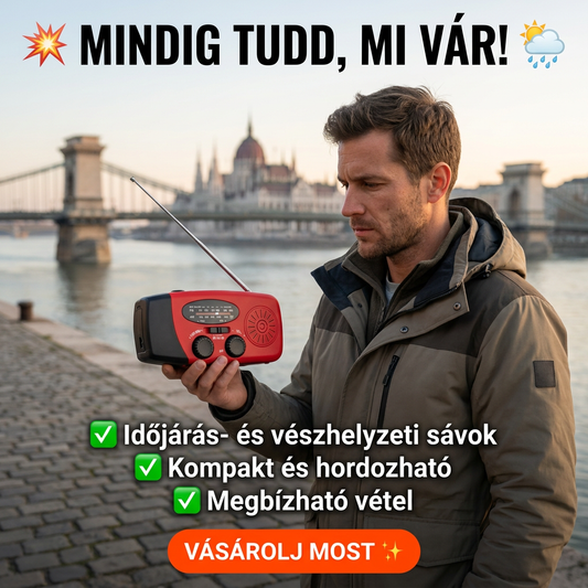 🚨 Multifunkciós Hordozható Napelemes Vészhelyzeti Rádió | AM/FM/NOAA időjárás, 2000-5200mAh powerbank, LED lámpa, kézi feltöltés, SOS riasztó – túrázáshoz és otthonra 🏕️🔋✨