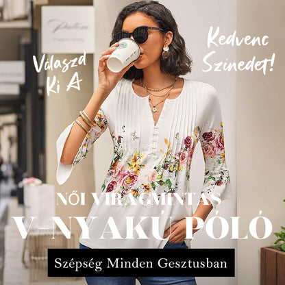 Női virágmintás V-nyakú póló