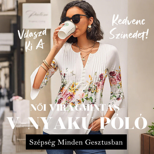 Női virágmintás V-nyakú póló