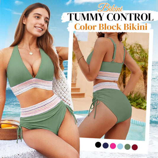 🔥👙 Magas derekú haskontrollos színes blokkos bikiniszettek