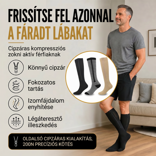 🧦 Térdig érő kompressziós zokni cipzárral – Légáteresztő, futáshoz, utazáshoz, munkához – Utánvét 🔥