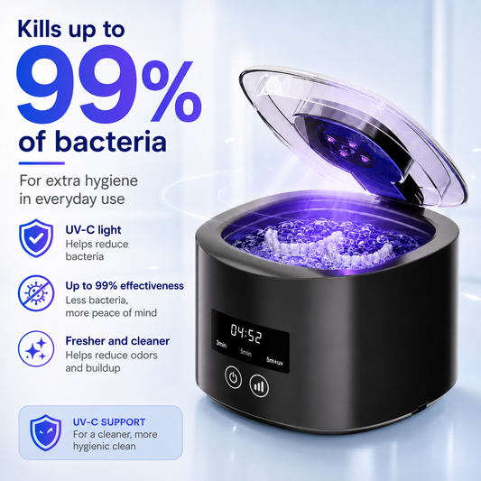 🦷 Fogsorfertőtlenítő készülék – Ultrahang + UV, 99,99%-os tisztítás 📦