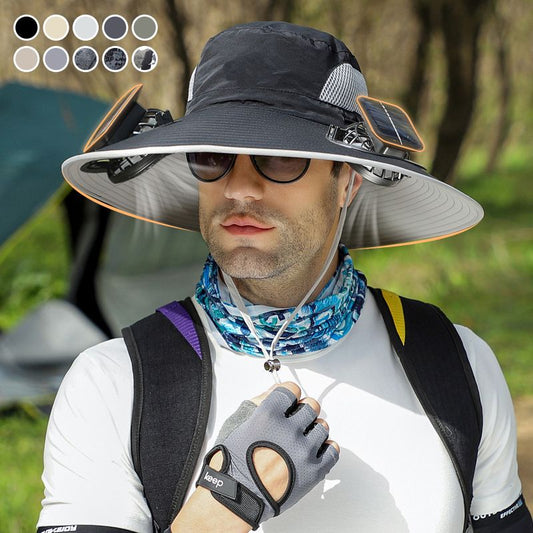 🧢☀️ Napellenző sapka két napenergiával működő hűtőventilátorral – UPF 50+, USB-n keresztül tölthető, széles karimájú – utánvéttel ✨