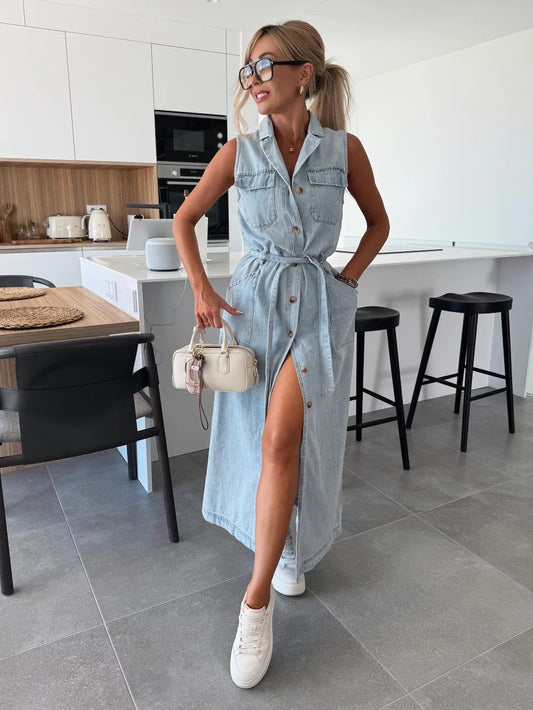 🌴Egyszínű Gombos Zsebes Farmerruha💃