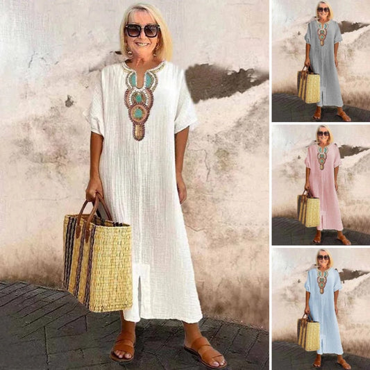 🔥👗【S-4XL】🌺Női laza pamut lenvászon hímzett ruhák