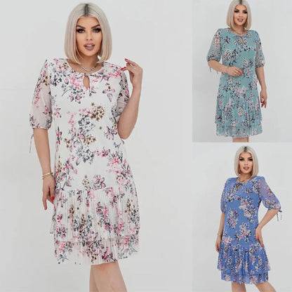 🔥👗Elegáns sifon hosszú pliszírozott ruha rövid ujjakkal