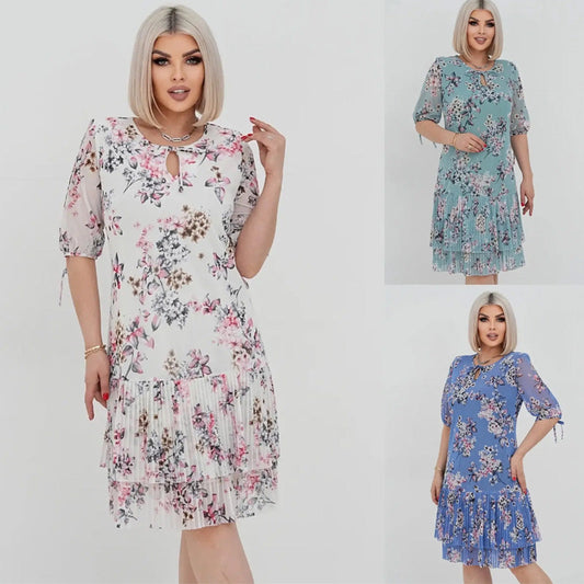🔥👗Elegáns sifon hosszú pliszírozott ruha rövid ujjakkal