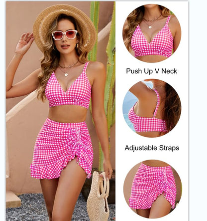 👙Magas derekú bikiniszettek női hasleszorító kockás💖