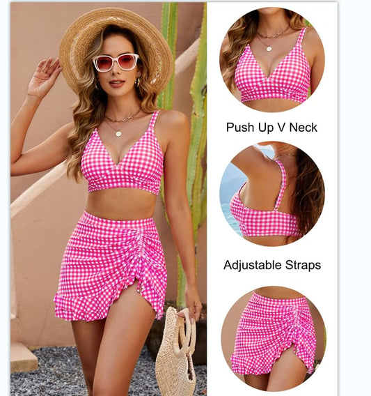 👙Magas derekú bikiniszettek női hasleszorító kockás💖