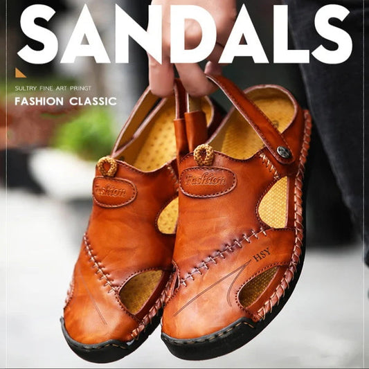 👞 Large Size Soft Leather Men's Breathable Outdoor Sandals | EU 40-47 – Cushioned Footbed, Slip-Resistant Sole for Hiking & Walking 🌿