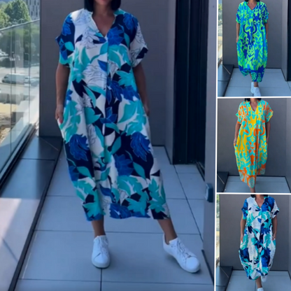 🔥👗Női alkalmi elegáns elegáns nyomtatott V-nyakú ruha