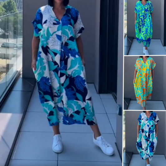 🔥👗Női alkalmi elegáns elegáns nyomtatott V-nyakú ruha