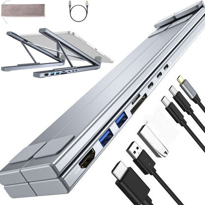 💻🖥️ USB-C dokkoló & laptop állvány szett – 4K HDMI, többportos, ergonomikus | 2 az 1-ben: magasító állvány + 10 portos hub – tökéletes otthoni irodába 🏠✨