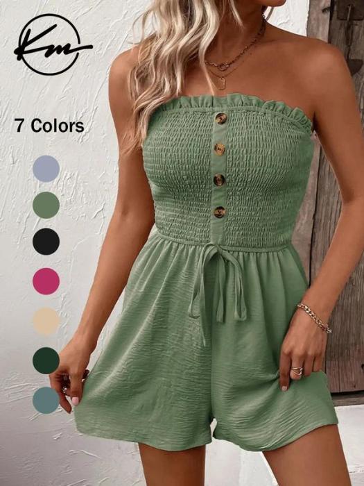 🔥👗Női pánt nélküli Frill Trim Shirred Tie Front széles lábú cső Romper