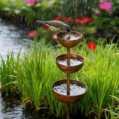 🏡 Rusztikus 3 szintes fém madáretető & itató – akasztós vagy talapzatos | Rozsdamentes acél, dekoratív kivitel – vonzza a madarakat a kertbe 🦜