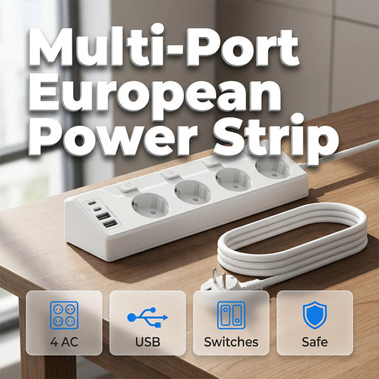 🔌 4-csatlakozós elosztó – egyedi kapcsolókkal és USB-töltéssel | Otthoni és irodai asztali szervező 🔋🛡️💻 | 4 dugaszoló aljzat + 4 USB port (2x USB-C) – gyorstöltés, túlfeszültség-védelem ⚡✨