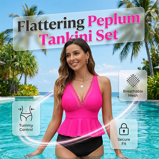 💃 Peplum tankini fürdőruha – női | Alulmúló szoknyás alsó, kétrészes, alakformáló – Utánvét 🔥