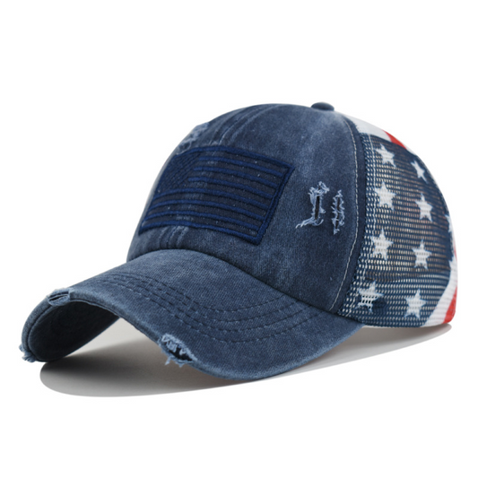 🧢 Kopott hatású, hálós amerikai zászlós baseball sapka | Vintage stílus, állítható snapback – Utánvéttel ✨