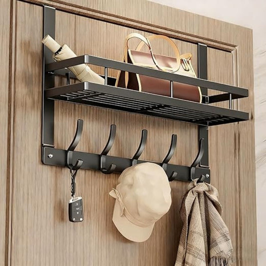 🏠 Flash sale 49% OFF – Over the door hook shelf | 5 hooks + storage basket, no drilling – Cash on delivery 📦
