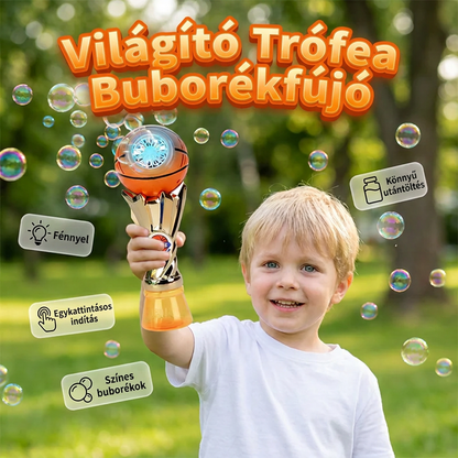 🎵 Motoros buborékfúvó – Sporttrófea formájú, villogó LED-ekkel, folyadékkal együtt – Utánvéttel 🎯