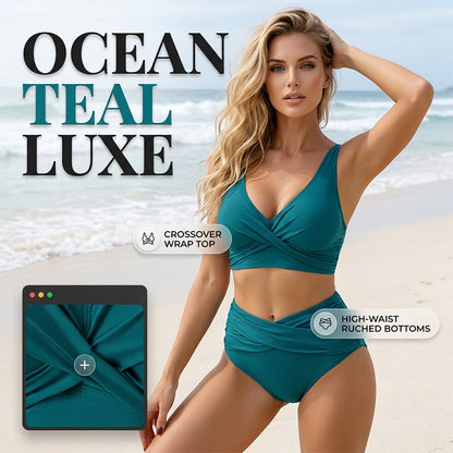 👙 Női bikini szett, redős díszítéssel, magas derékvonalú – karcsúsító fazon, áttört felső, méretek: S–2XL – utánvéttel ✨