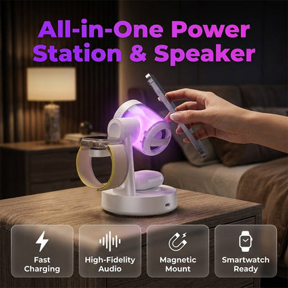 ⚡ 3 az 1-ben mágneses vezeték nélküli töltőállvány és hangszóró | 15 W-os gyorstöltés, 360°-os állvány, Bluetooth 5.4 – utánvéttel ✨