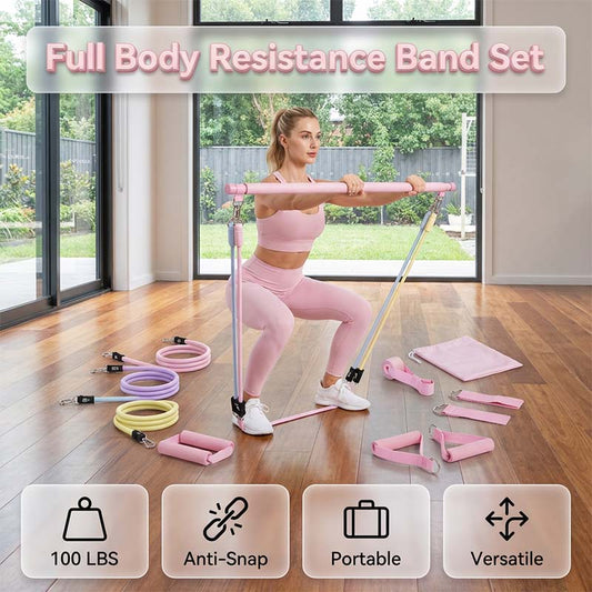 🧘 Állítható ellenállású gumiszalag és Pilates-rúd szett – gumiszalag-készlet, teljes testet átmozgató edzés, otthoni edzőterem – utánvéttel ✨
