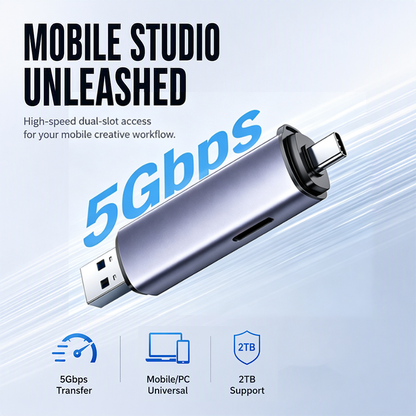 ⚡ Dupla nyílású kártyaolvasó – USB-C & USB-A, 5 Gbps, alumínium ház, telefonra és PC-re – Utánvét 📱✨