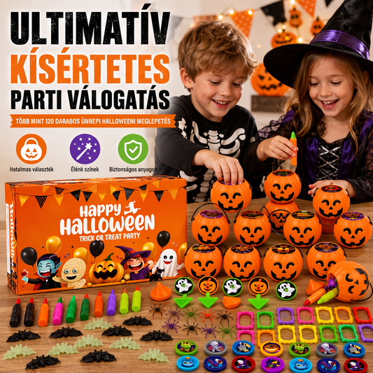 🎃 Halloween Csokit vagy Csalunk buli ajándék szett – Szórakoztató, sokféle tartozék – Utánvét ✨