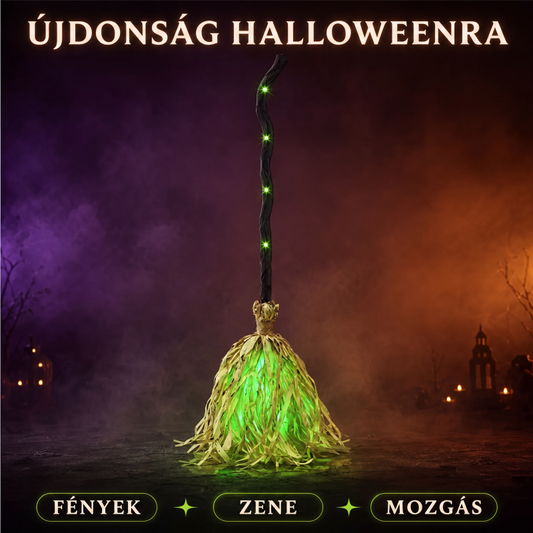 🧹 Halloween elektromos boszorkányseprű díszítés – Világító, mozgó dekoráció – Utánvét ✨