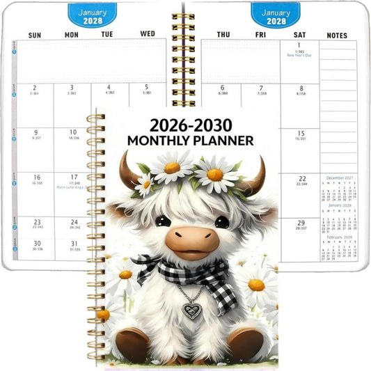 🗓️ Skót felföldi tehén naptár – 2026–2030, éves tervező, szép kivitel 🎯