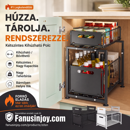 🔄 49% KEDVEZMÉNY! Kétrétegű kihúzható polc – Dupla tárolóhely, könnyű hozzáférés 📦