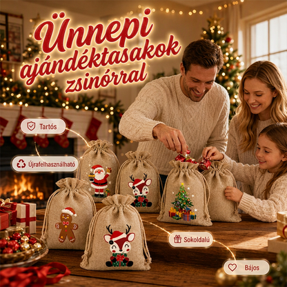 🎄 Karácsonyi zsákvászon ajándéktasak húzózsinórral – Stílusos csomagolás másodpercek alatt 🎅