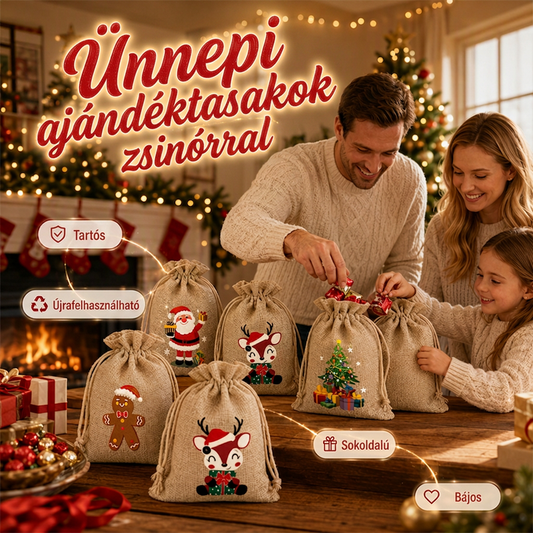 🎄 Karácsonyi zsákvászon ajándéktasak húzózsinórral – Stílusos csomagolás másodpercek alatt 🎅