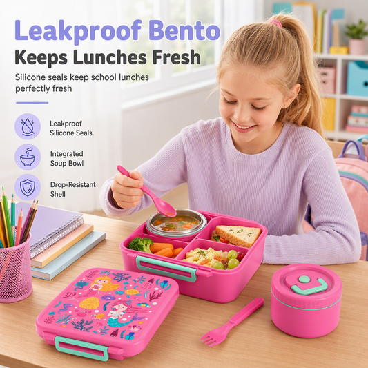 🍱 Sealed Food Grade Kids Bento Lunch Box Set – Sealed, food grade, iskolába és útra 🎒