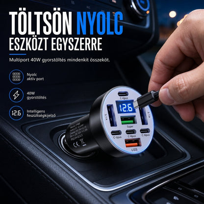 40W-os 8 az 1-ben gyors autós adapter digitális feszültségkijelzővel, 4 USB és 4 PD porttal