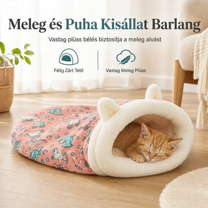 🐱 Félig zárt meleg hálózsákágy – Puha, mély alvást biztosító kisállat-barlangfészek ✨