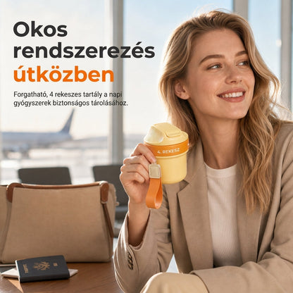 ✈️💊 Hordozható tablettatartó – 4 rekesz, praktikus, utazáshoz ⚡