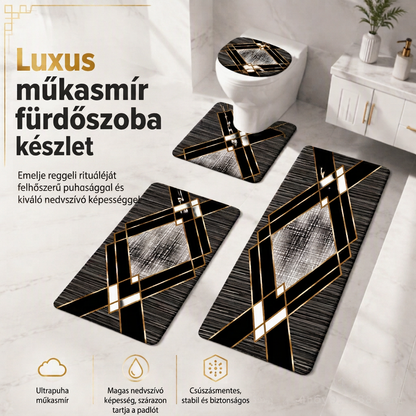 🛁 4 darabos műkasmír nedvszívó fürdőszobai szőnyegkészlet – Téglalap, U-alak, WC-fedél és futószőnyeg ✨