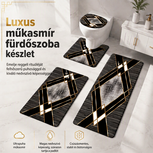 🛁 4 darabos műkasmír nedvszívó fürdőszobai szőnyegkészlet – Téglalap, U-alak, WC-fedél és futószőnyeg ✨