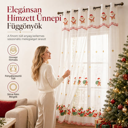 🎄 Karácsonyi hímzett átlátszó ablakfüggöny – Hópehely és harangmintákkal ✨
