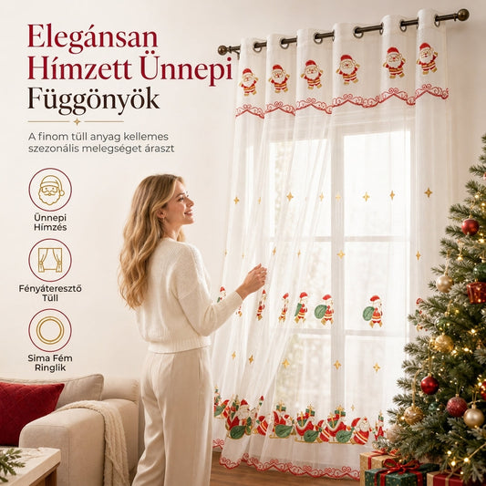 🎄 Karácsonyi hímzett átlátszó ablakfüggöny – Hópehely és harangmintákkal ✨