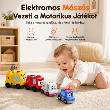 🚗 4 darabos mágneses elektromos játékautó-készlet – Hang és fény, rajzfilm stílus, egymásra rakható ✨
