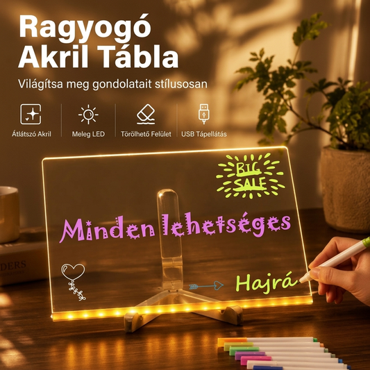 ✍️ Újraírható LED-es jegyzettábla – 7 színes tollal, kreatív jegyzetelés ✨