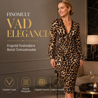 👗 Női csipke leopárd mintás V-nyakú ruha – Tömlőujjú, középhosszú, elegáns ✨