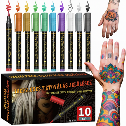 🎨 10 színű ideiglenes tetováló markerkészlet – Élénk színek, kreatív testdekoráció ✨