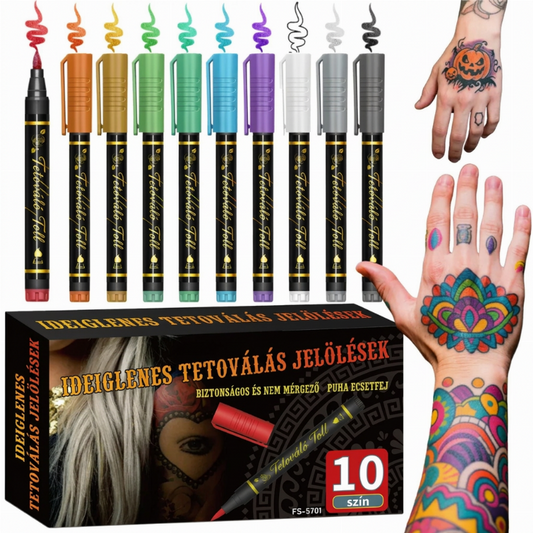 🎨 10 színű ideiglenes tetováló markerkészlet – Élénk színek, kreatív testdekoráció ✨