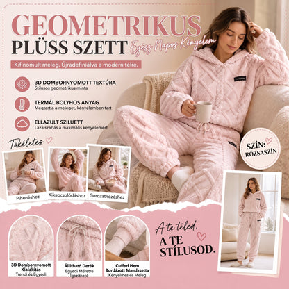 🍂 Geometrikus dombornyomott plüss szett – Időtlen kényelem, könnyed stílus minden alkalomra ✨