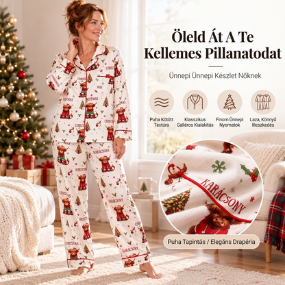 🎄 Női karácsonyi hosszú ujjú galléros pizsama szett – Ünnepi hangulat, kényelmes viselet ✨