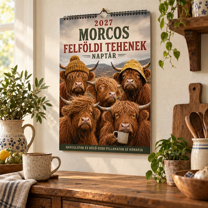 🐮🐄 2027-es Grumpy Highland Cows A4-es fali naptár – Mord skót tehenek, humoros falinaptár 📅